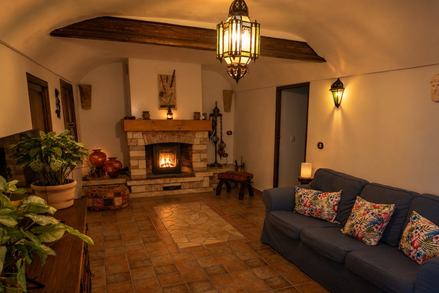 Fireplace lounge at Leonard’s Lookout with warm evening lighting