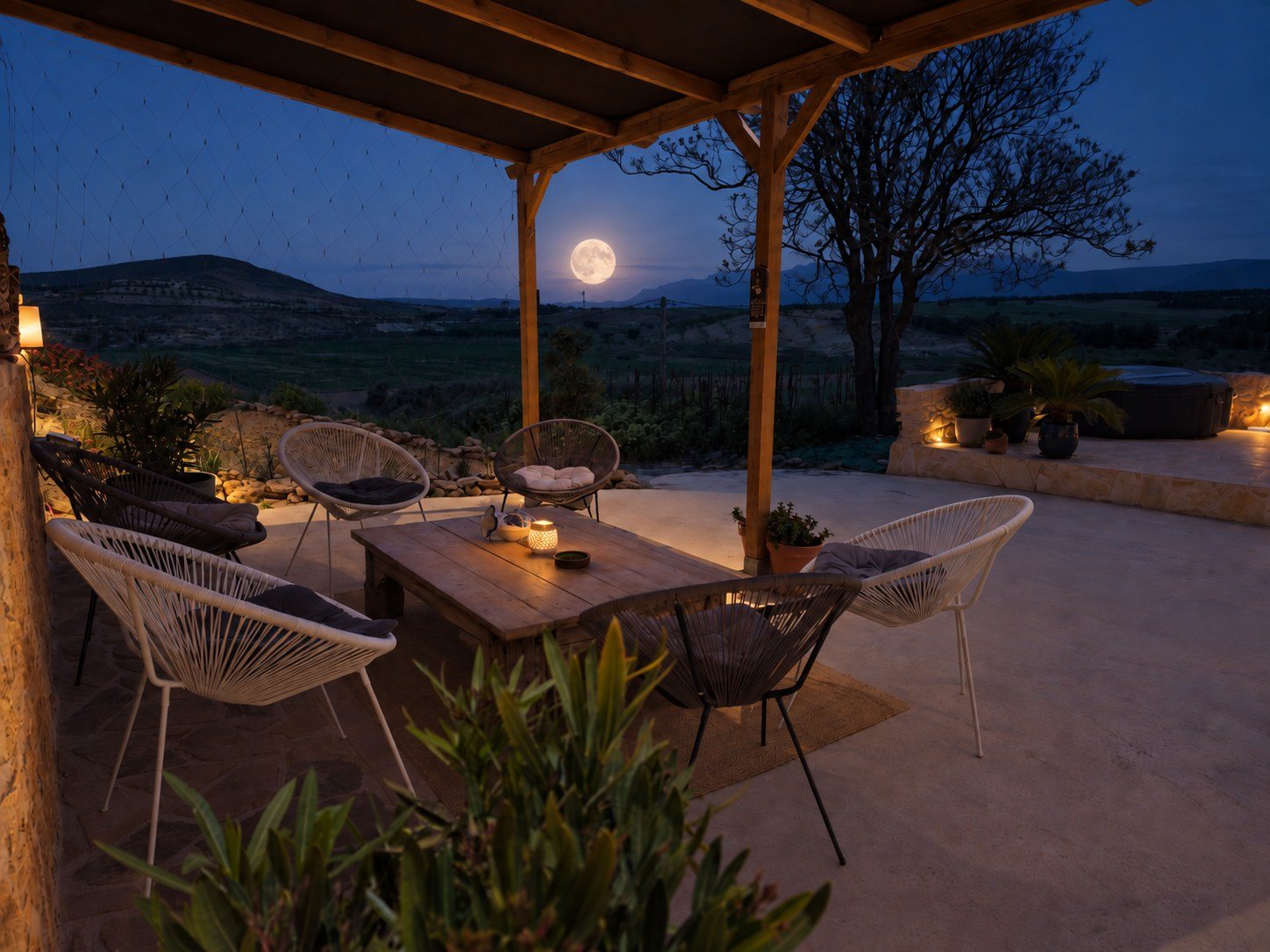 Leonard’s Lookout terrace at dusk with the rural landscape beyond
