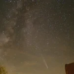 Milky Way and comet above the mountain horizon and Leonard’s Lookout under rural night skies