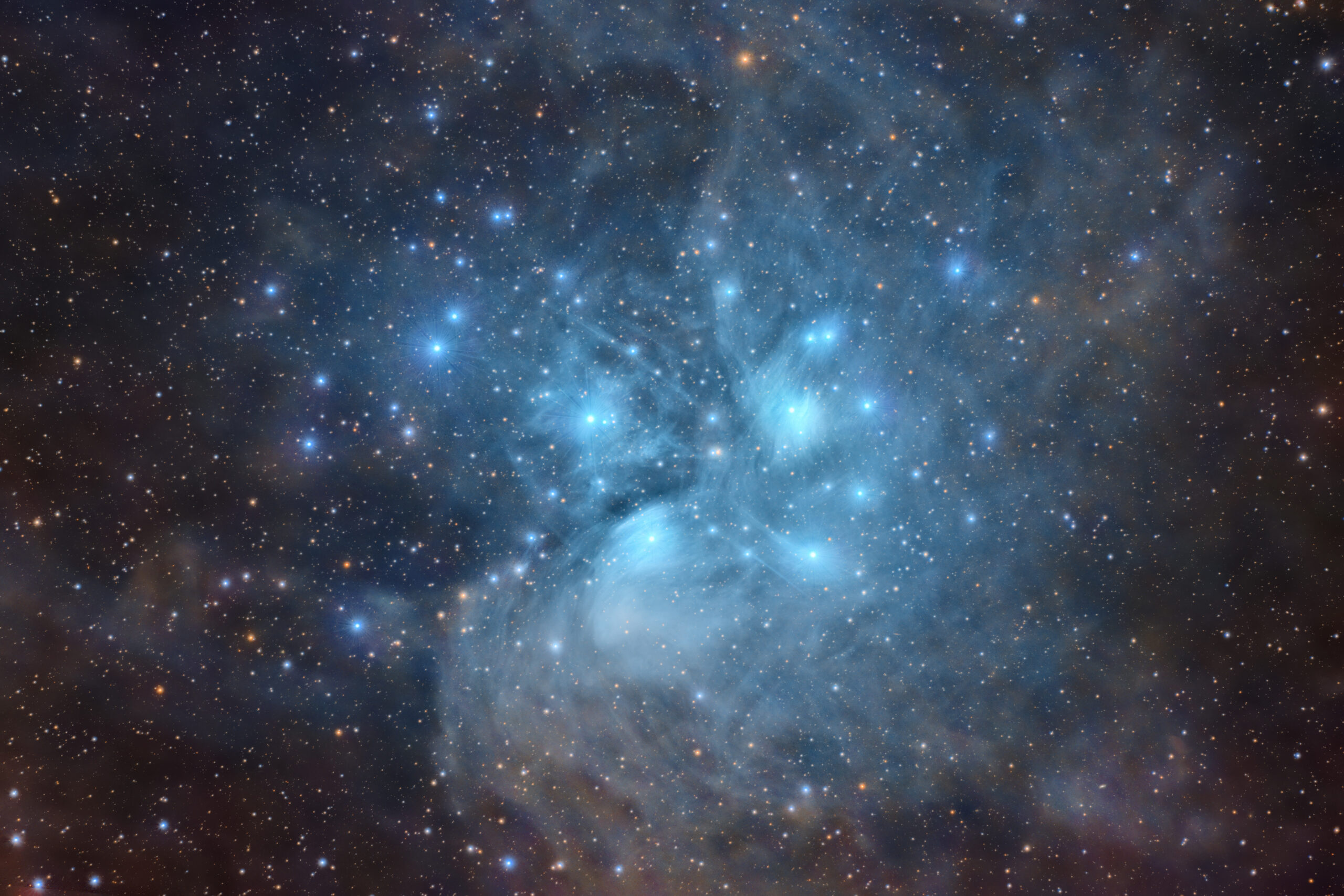 Pleiades M45 star cluster and surrounding blue reflection nebulosity in Taurus
